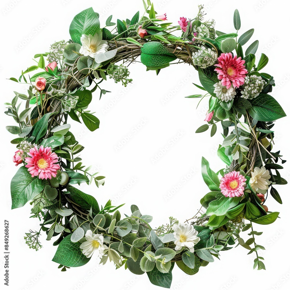 Fototapeta premium Floral Wreath A seasonal wreath made of fresh flowers and greenery, isolated white background, without shadow, single object, detailed, PNG dicut style, model object