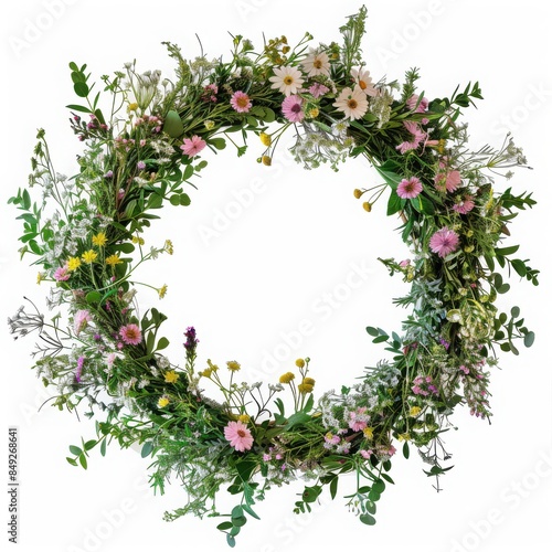 Floral Wreath A seasonal wreath made of fresh flowers and greenery, isolated white background, without shadow, single object, detailed, PNG dicut style, model object