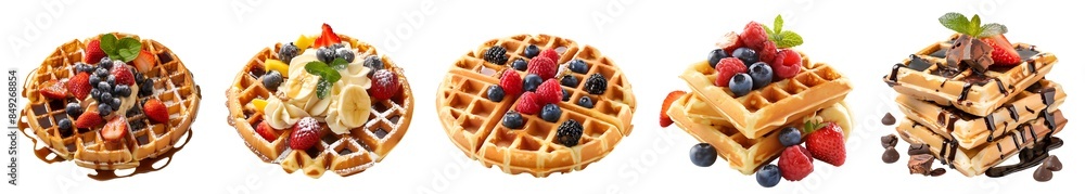 Collection of waffle batter, banana, strawberry, chocolate maple honey syrup, whipped cream, raspberry, fruits on transparent cutout, PNG file. Many different flavour. Mockup template for design