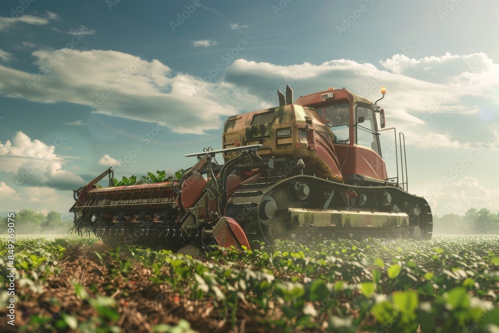 Obraz premium Eco-Friendly Hybrid Electric Harvester in Action on a Sunny Day Field