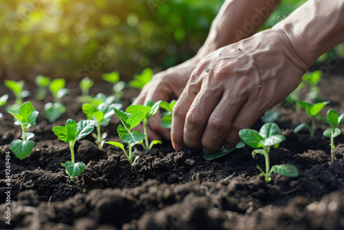 Farmers or gardeners plant young plants into the soil. The concept of modern agriculture on a large scale.