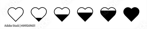 Collection of love heart icon set in black color. Heart shape loading progress indicator vector illustration.