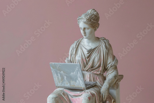 Ancient Greek sculpture of a woman with laptop	
