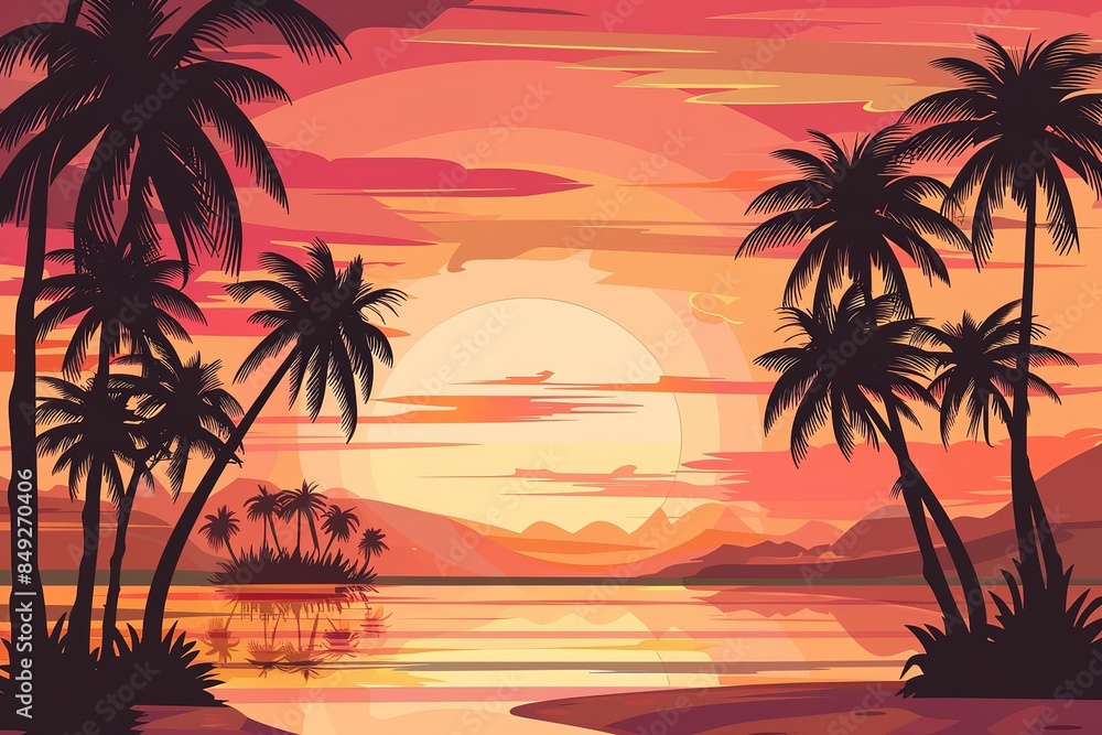 Summer tropical beach background with palms, sky sunrise and sunset. Summer party placard poster flyer invitation card. Summertime, illustration. Summer tropical beach background with palms, sky sunrise and sunset. Summer party placard poster flyer invitation card. Summertime, illustration.