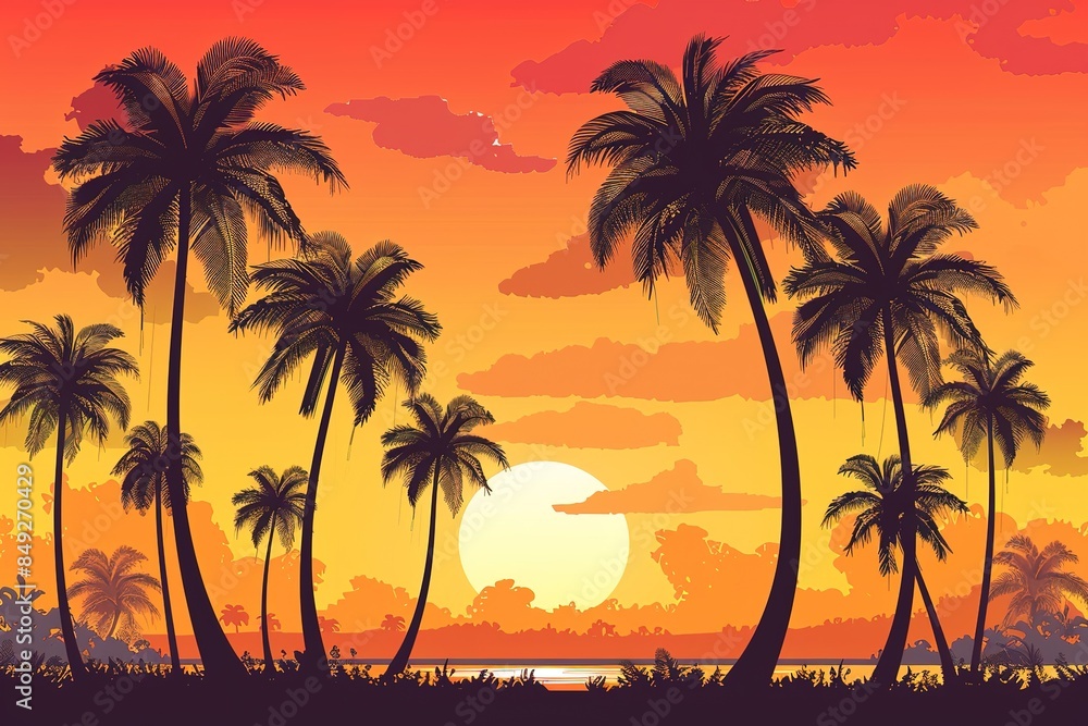 Summer tropical beach background with palms, sky sunrise and sunset. Summer party placard poster flyer invitation card. Summertime, illustration. Summer tropical beach background with palms, sky sunrise and sunset. Summer party placard poster flyer invitation card. Summertime, illustration.