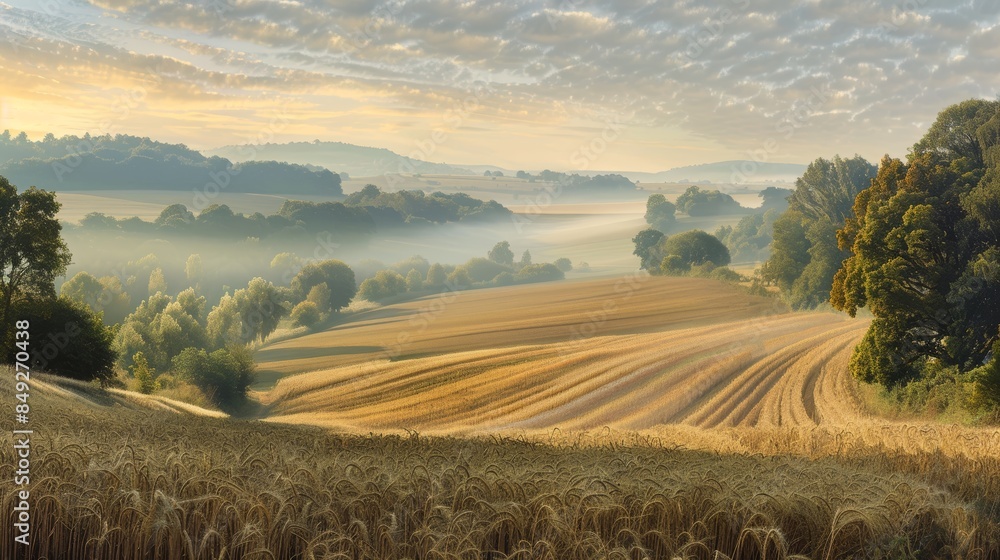 Fototapeta premium Panoramic Sunrise Over Organic Grain Farm with Misty Fields and Illuminated Crops