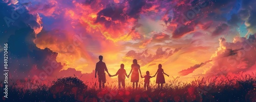 A family of four holding hands under a colorful sunset sky, creating a heartwarming and beautiful scene of togetherness and love.