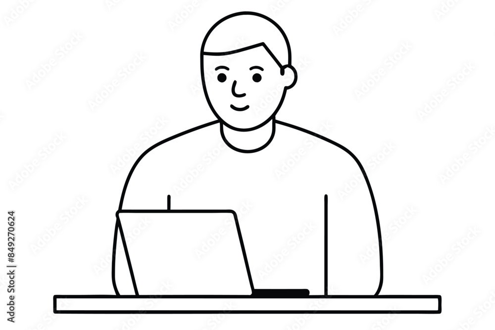 Man Working On Laptop line art vector illustration Man Working On Laptop line art vector illustration