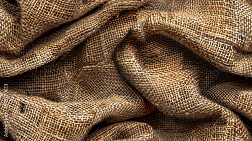 Hemp sack material. Hessian flax rough cloth. Vintage sackcloth pattern. Fibrous beige rustic backdrop. Brown burlap knit texture. Natural fabric bag background photo