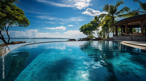 Luxury beachfront hotel with an infinity pool  set in a tropical landscape. Enjoy a tranquil beach vacation with stunning island views and palm trees. Perfect for a summer getaway.