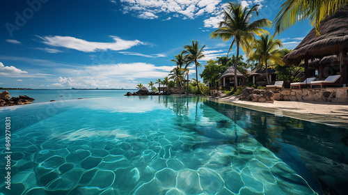 Luxury beachfront hotel with an infinity pool, set in a tropical landscape. Enjoy a tranquil beach vacation with stunning island views and palm trees. Perfect for a summer getaway.