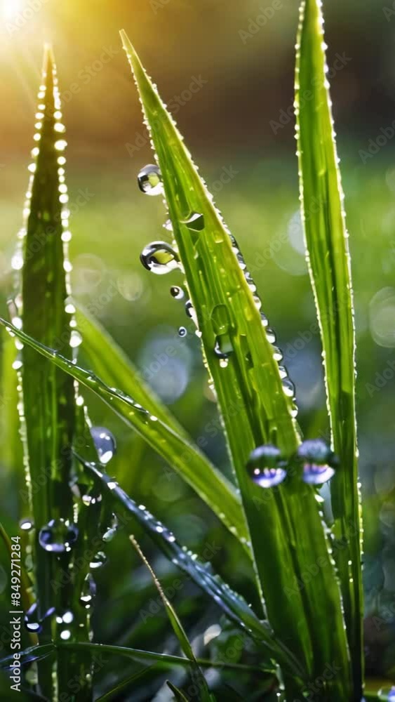 Close-up of morning dew on vibrant green grass, with sunlight creating a sparkling bokeh effect. The fresh, dewy scene captures the essence of a serene, early summer morning Close-up of morning dew on vibrant green grass, with sunlight creating a sparkling bokeh effect. The fresh, dewy scene captures the essence of a serene, early summer morning