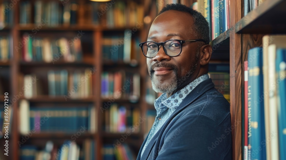 A middle aged black professor standing in a library. A middle aged black professor standing in a library.