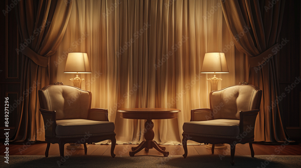 two chairs sitting next to each other in a room with a table and two lamps on it and a curtained wall behind them two chairs sitting next to each other in a room with a table and two lamps on it and a curtained wall behind them