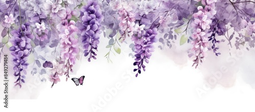 Fototapeta Naklejka Na Ścianę i Meble -  Watercolor Painting of Purple and Pink Flowers with a Butterfly