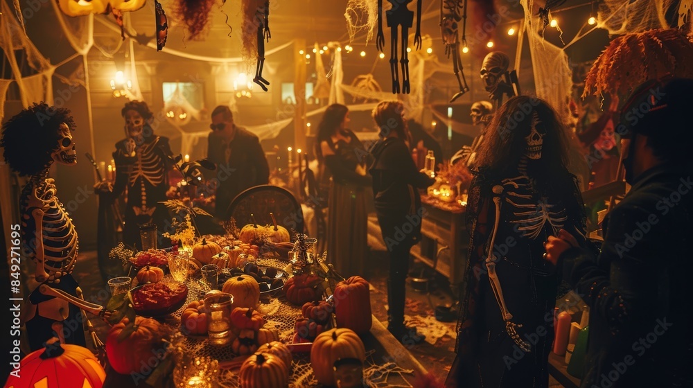 Obraz premium Spooky Halloween Party with Skeleton Costumes and Ghost Decorations in a Dimly Lit Room