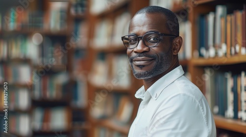 A handsome middle-aged African American man wearing glasses and a white shirt standing in a library. © Grigor