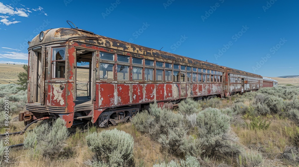 This is an image of an old abandoned train car. It is sitting in a field of tall grass and weeds. The train car is rusty and the windows are broken.