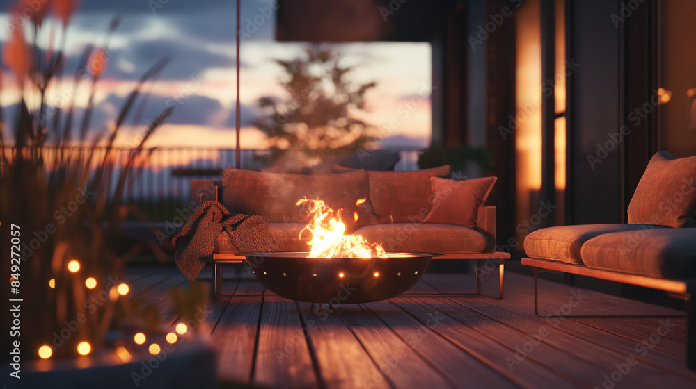 a fire pit sitting on top of a patio next to a couch and chair with lights on it and a table a fire pit sitting on top of a patio next to a couch and chair with lights on it and a table