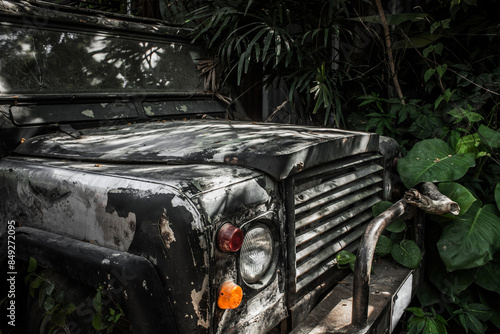 Fotografia Old broken dirty military jeep crashed into a tree in jungle tropical trees and