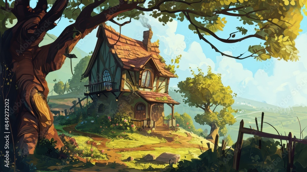 Fototapeta premium Charming Cottage Nestled in a Lush Landscape