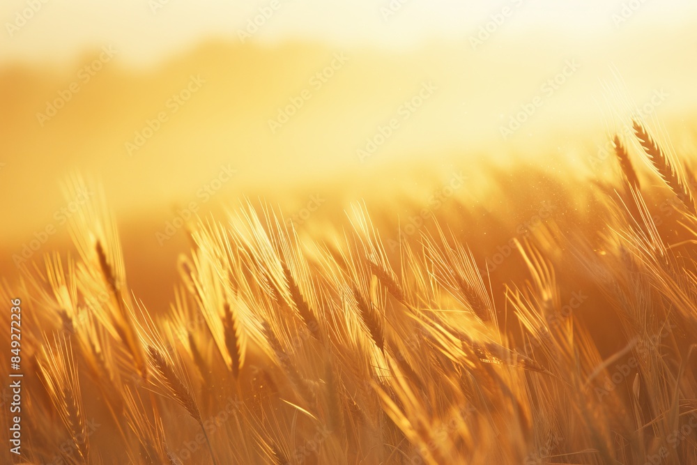 Wheat field at sunrise, golden grains swaying, side view, showcasing natural beauty, advanced tone, Complementary Color Scheme Wheat field at sunrise, golden grains swaying, side view, showcasing natural beauty, advanced tone, Complementary Color Scheme