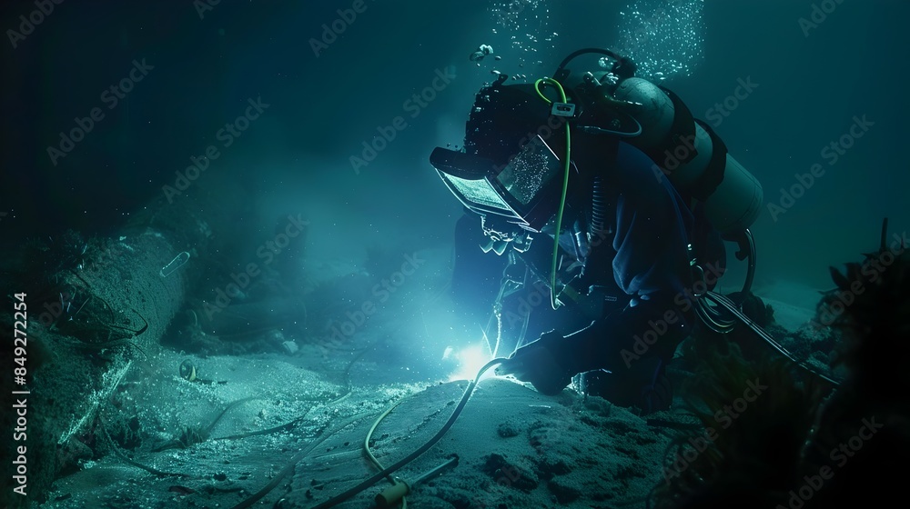 custom made wallpaper toronto digitalSkilled Diver Performing Underwater Welding on Steel Pipes with Specialized Equipment