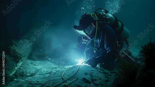 Wallpaper Mural Skilled Diver Performing Underwater Welding on Steel Pipes with Specialized Equipment Torontodigital.ca