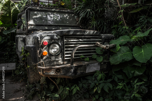 Quadro em tela Old broken dirty military jeep crashed into a tree in jungle tropical trees and