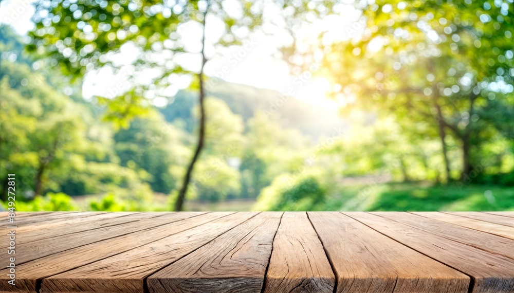 Rustic Wooden Table Against a Serene Natural Backdrop Rustic Wooden Table Against a Serene Natural Backdrop