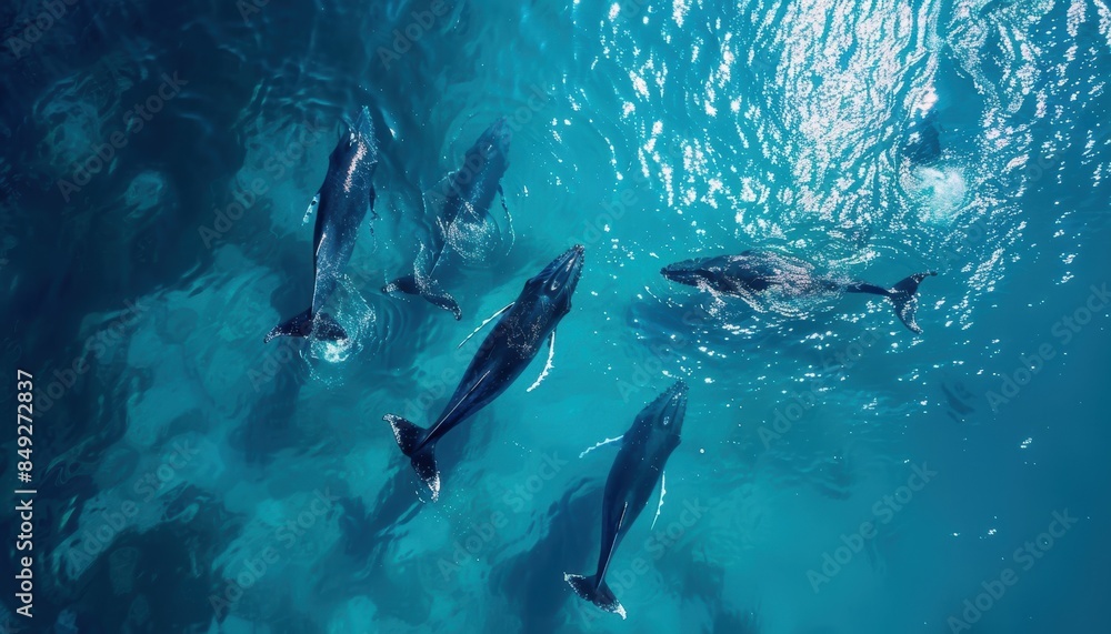Obraz premium Aerial view of a pod of whales swimming in the clear blue ocean, showcasing marine life in natural habitat during a sunny day.