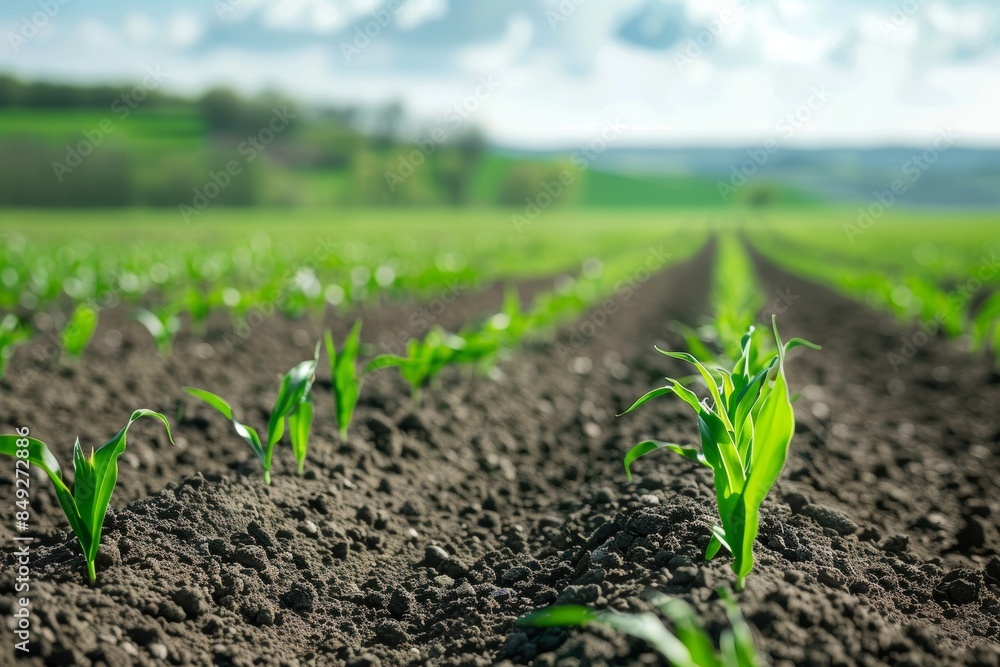 Spring Grain Field with Young Green Plants and Farmers Ensuring a Healthy Crop Spring Grain Field with Young Green Plants and Farmers Ensuring a Healthy Crop