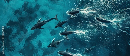 Aerial view of a pod of whales swimming in the clear blue ocean, showcasing marine life in natural habitat during a sunny day.