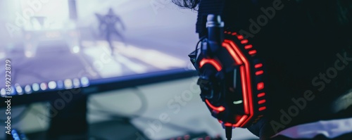 A focused gamer wearing a headset and playing a video game on a computer with a blue-lit room. photo