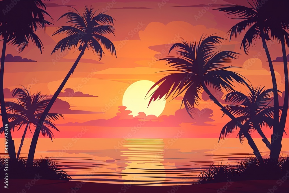 Landscape of a beautiful sunset on the beach. Warm, gorgeous sunset on a paradise beach. Calm ocean waves, palm trees and mountains. Paradise pleasure, rest, sea, beach. illustration Landscape of a beautiful sunset on the beach. Warm, gorgeous sunset on a paradise beach. Calm ocean waves, palm trees and mountains. Paradise pleasure, rest, sea, beach. illustration
