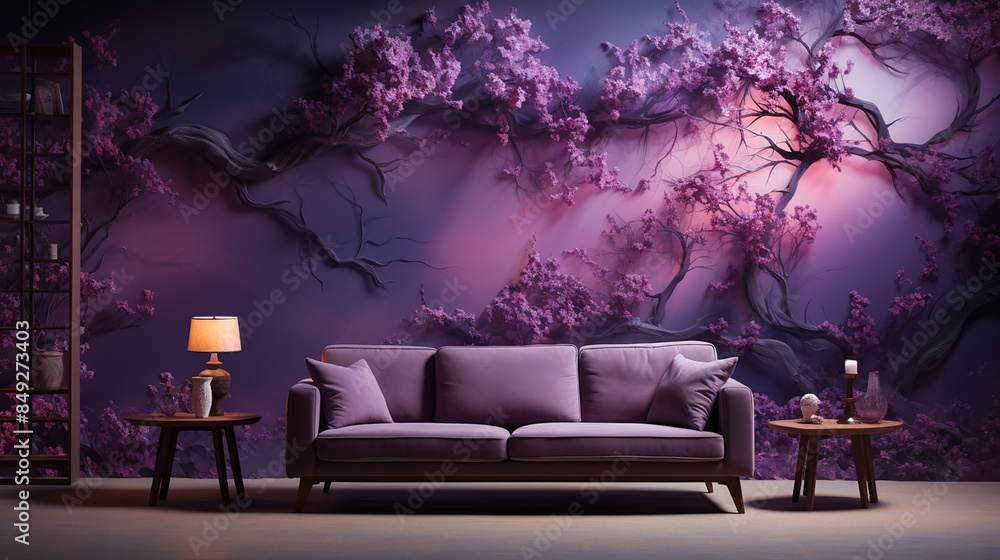 Scene with a sofa, purple wallpaper