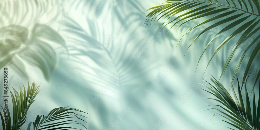 Elegant Summer Background with Palm Leaves and Shadows on Light Green Pastel Gradient, Perfect for Minimalistic Product Displays and Text Features Elegant Summer Background with Palm Leaves and Shadows on Light Green Pastel Gradient, Perfect for Minimalistic Product Displays and Text Features