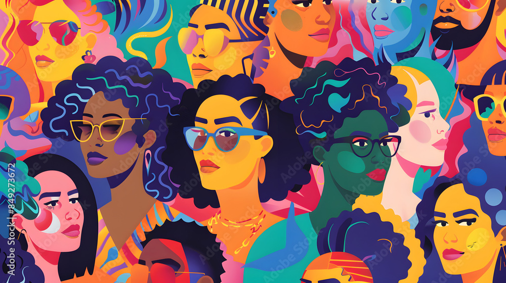 Seamless pattern. Crowd of variety, bright, fashionably dressed people. characters. Different ages, genders, and nationalities. Concept of unity, equality, healthy relationships in society. Seamless pattern. Crowd of variety, bright, fashionably dressed people. characters. Different ages, genders, and nationalities. Concept of unity, equality, healthy relationships in society.