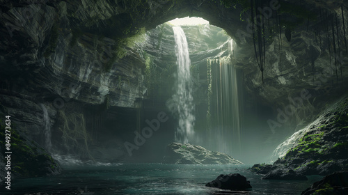 a picture of a cave with a hole in the middle of it, with a waterfall in the middle