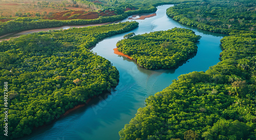 The captivating beauty of Thailand's winding river, flanked by lush green mangrove forests and red rocks,