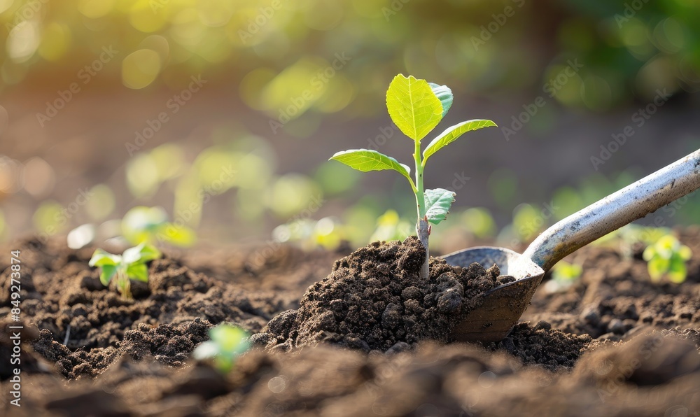 Image shows a young seedling plant beside a metal shovel in soil, depicting new growth and agriculture. Image shows a young seedling plant beside a metal shovel in soil, depicting new growth and agriculture.