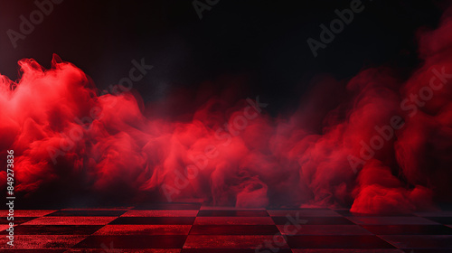 a red smoke cloud on a black background with a checkered background and a red glow on the bottom