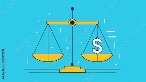 A minimalist graphic depicting a balance scale tipped in favor of financial growth and success, with a dollar sign outweighing other elements. The image is rendered with hyper-detailed precision,