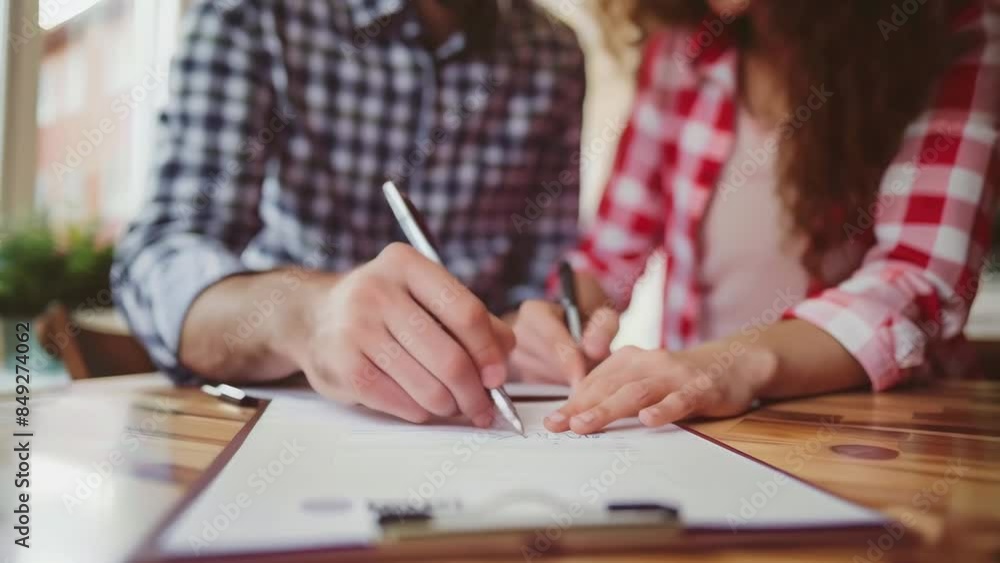 Couple signing a contract together at a wooden table. Concept of agreement, partnership, and new beginnings in home ownership or business
Couple signing a contract together at a wooden table. Concept of agreement, partnership, and new beginnings in home ownership or business