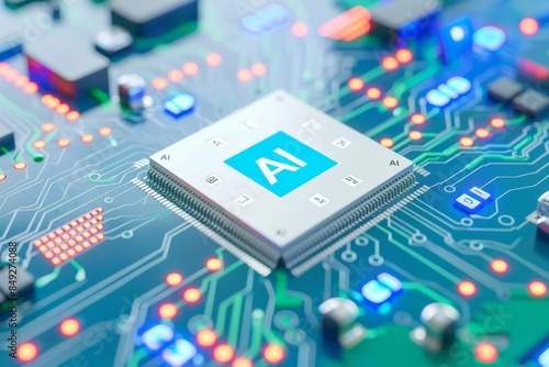 AI Microchip on Circuit Board, Advanced Technology in Artificial Intelligence Hardware, Futuristic Tech Innovation, Digital Components and Circuits, Blue Background with Tech Elements. photo