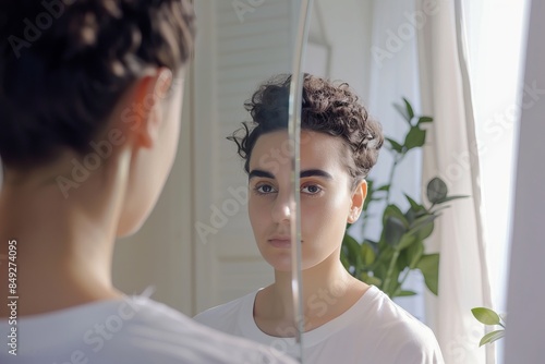 Intersex individual standing in front of a mirror, affirming their identity close up, focus on selfacceptance and empowerment realistic Overlay home interior backdrop