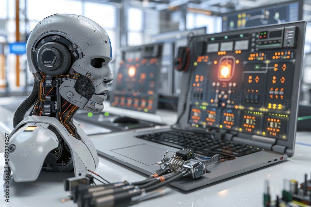 Fototapeta premium AI Robot at Control Panel in High Tech Lab, Futuristic Robotics and Artificial Intelligence, Advanced Technology in Laboratory Setting, Digital Control Systems, Innovative Tech Environment.