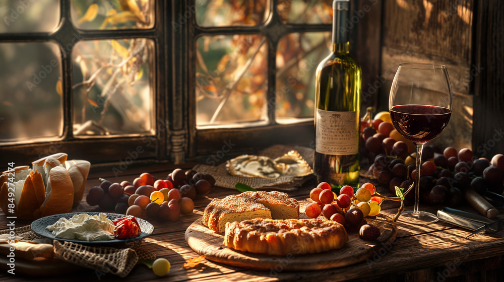 a table with a bunch of food and wine on it and a glass of wine on the table next to it a table with a bunch of food and wine on it and a glass of wine on the table next to it