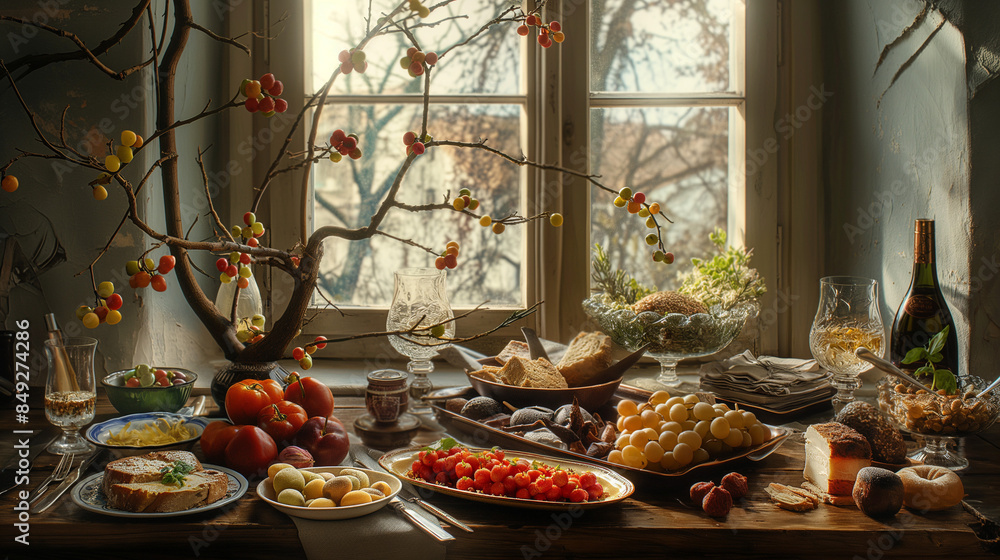 a table with a bunch of food and wine on it and a glass of wine on the table next to it a table with a bunch of food and wine on it and a glass of wine on the table next to it