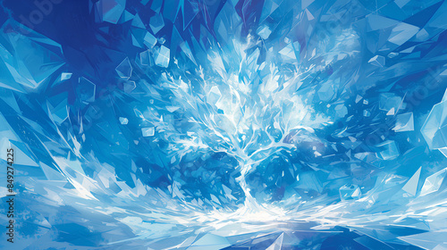 the view of a tree whose leaves are made of frozen blue and white ice